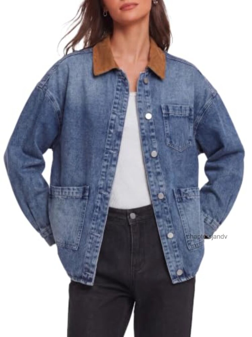 Oversized Denim Jacket Button Down Jean Coat Faux Suede Collar Boyfriend Fit